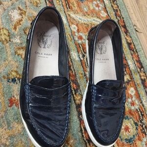 Cole Haan Pinch Maine Classic Loafers Women's Black Wet Shiny Leather Shoes Sz 9